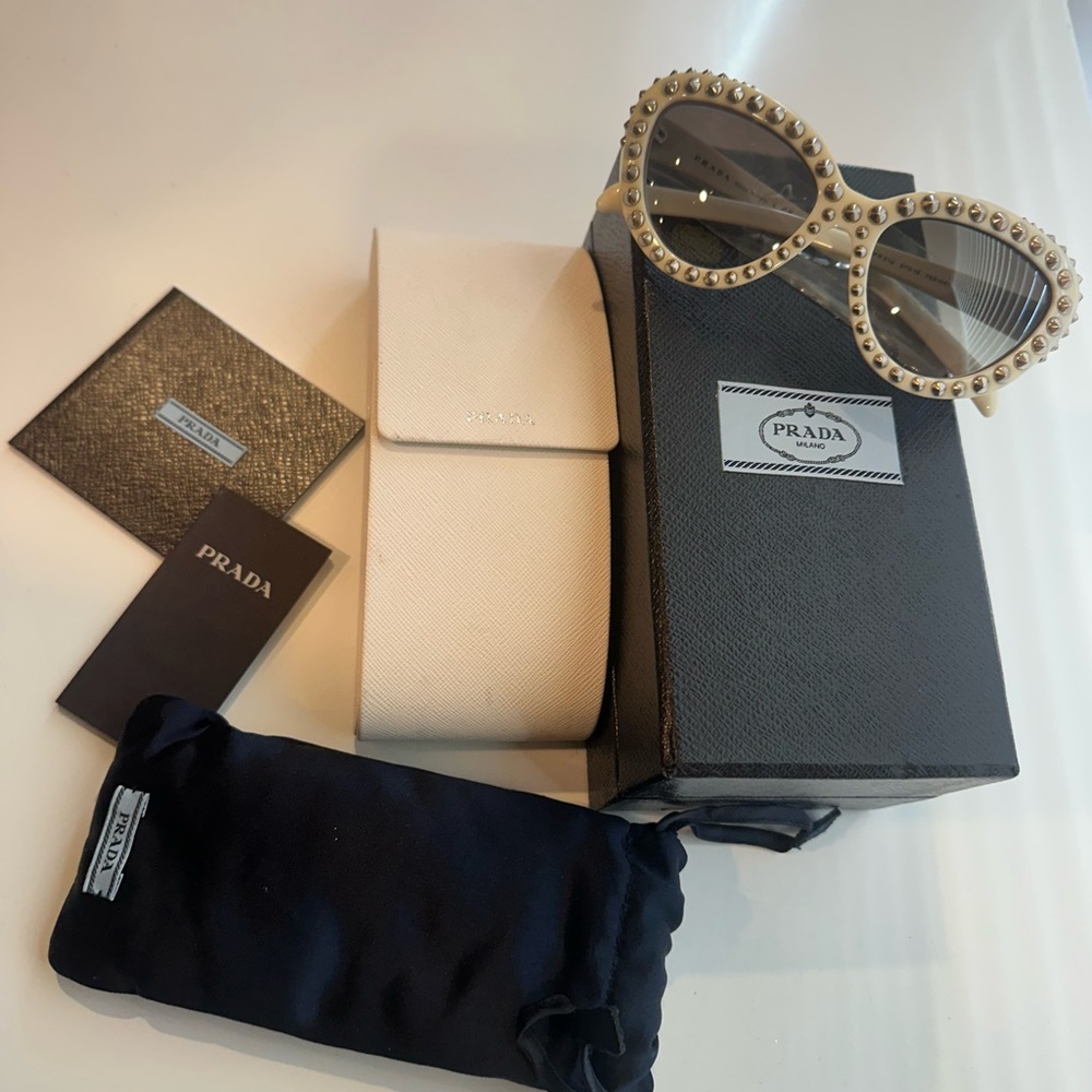 PRADA White Silvertone Studded Frame Gradient Tint Sunglasses - SPR31Q - Picture 2 of 10